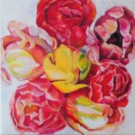 Tulpaner, Olja på akrylbakgrund 100 x 100 cm. Jag fick omlädda stolar, kompis fick tavlan! Bra bytesaffär!