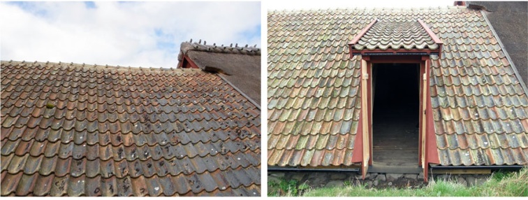 Bilder ur rapporten från 2012. Till vänster: Innan renoveringen, bilden visar hur taket bågnar. Till höger: Den nya loftporten. Foto Ingela Blomén