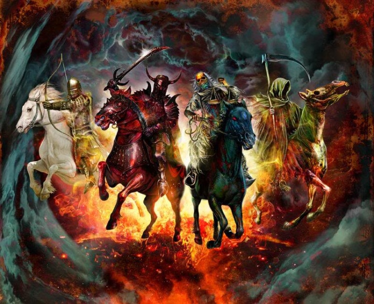 The Four Horsemen i Johannes Åpenbaring. Hærføreren eller kongen, som er hvit (ren) og opphøyd.  Rytteren på den flammende røde hest får et stort sverd for å «ta freden bort fra jorden" og symboliserer krig.  Rytteren på den svarte hestenet symboliserer nød.  Og den siste rytteren, som kalles Døden, sitter på en gulblek hest, med «dødsriket» følgende etter.  Dette er en sykelig farge, et symbol på pest eller sykdom.