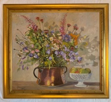 Blomsterbukett i kopparbunke med skål (Karl-Johan Magnusson)