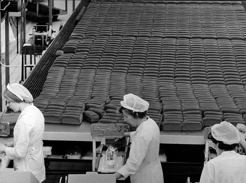 Malmö 1972-11-16 Limpor på löpande bandet på Pågens bageri Foto Ernst Henriksson / Sydsvenskan / SCANPIX Malmö 1972-11-16 Limpor på löpande bandet på Pågens bageri Foto Ernst Henriksson / Sydsvenskan / SCANPIX