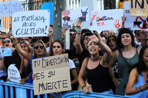 Människor deltar i en protest mot tjurfäktning i Palma de Mallorca i Spanien, den 9 augusti 2019, med anledning av en tjurfäktning som hölls vid tjurfäktningen Coliseo Balear. EPA / LLITERES Människor deltar i en protest mot tjurfäktning i Palma de Mallorca i Spanien, den 9 augusti 2019, med anledning av en tjurfäktning som hölls vid tjurfäktningen Coliseo Balear. EPA / LLITERES