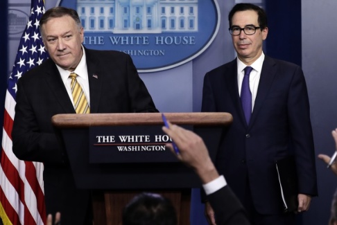 Evan Vucci/AP/TT USA:s utrikesminister Mike Pompeo och finansminister Steven Mnuchin. Evan Vucci/AP/TT USA:s utrikesminister Mike Pompeo och finansminister Steven Mnuchin.