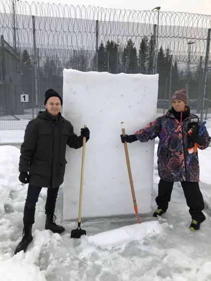 The artists Sebastian Björkman and Helena Bergman working at the courtyard to the Juvenile detention center in Luleå, Sweden