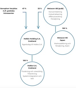 Organisation Metacon. Källa Metacon.se, prospekt företrädesemission april 2019. Ägandet i Helbio har ökat lite sedan dess. Organisation Metacon. Källa Metacon.se, prospekt företrädesemission april 2019. Ägandet i Helbio har ökat lite sedan dess.