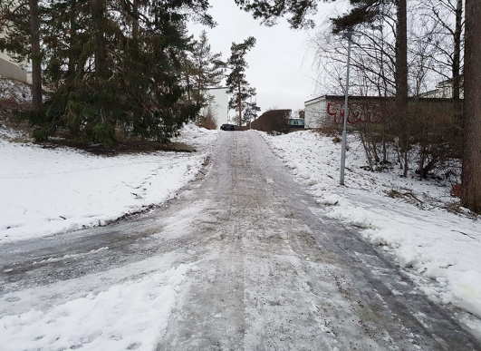 Man går hellre på snön vid sidan av den snöröjda, men ändå katastrofalt halkiga gångvägen. Man går hellre på snön vid sidan av den snöröjda, men ändå katastrofalt halkiga gångvägen.