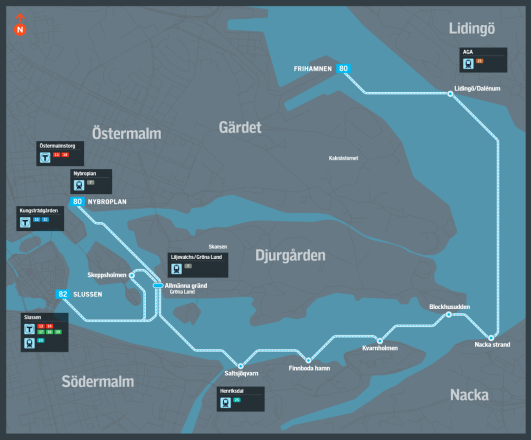Nuvarande Linje 80. (Källa: SL – Kartor för pendelbåtslinjerna) Nuvarande Linje 80. (Källa: SL – Kartor för pendelbåtslinjerna)