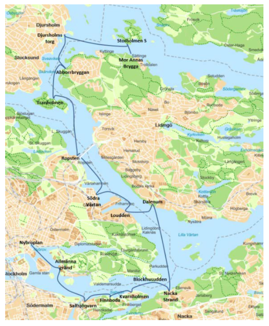 Föreslagen linjesträckning för linje 80. (Källa: Rapport – Strategisk pendelbåtsutredning) Föreslagen linjesträckning för linje 80. (Källa: Rapport – Strategisk pendelbåtsutredning)