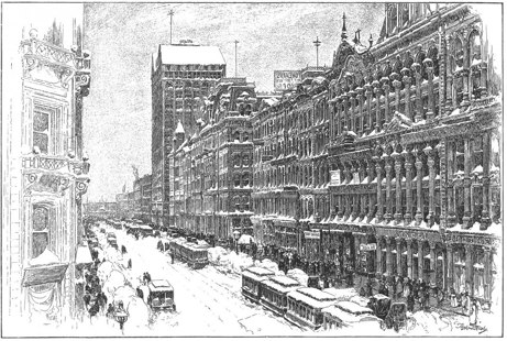 State Street, Chicago, efter snöstorm 1892. Frimurarnas skyskrapa en bit ner på gatan th.