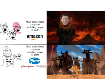 (Vänster) Exempel på en meme med vaccinkritiskt budskap; (Höger ovan) Zuckeron, som skulle kunna spridas som en meme; (Höger ned) Simba flyr från gnuerna, förklaring i texten