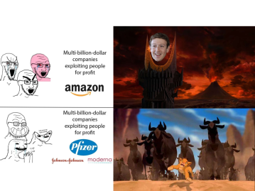 (Vänster) Exempel på en meme med vaccinkritiskt budskap; (Höger ovan) Zuckeron, som skulle kunna spridas som en meme; (Höger ned) Simba flyr från gnuerna, förklaring i texten (Vänster) Exempel på en meme med vaccinkritiskt budskap; (Höger ovan) Zuckeron, som skulle kunna spridas som en meme; (Höger ned) Simba flyr från gnuerna, förklaring i texten