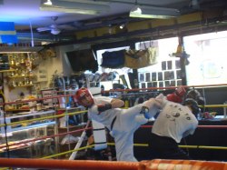 Sam (t.v) lyckas trots att det är hans första match vara såpass avslappnad att han med lätthet sätta en "hook-kick" på en betydligt mer rutinerad motståndare Sam (t.v) lyckas trots att det är hans första match vara såpass avslappnad att han med lätthet sätta en "hook-kick" på en betydligt mer rutinerad motståndare