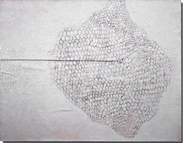 Hive with Fly, acrylic, graphite, eraser, thread, paper mounted on canvas 40 x 51 cm, 2015
