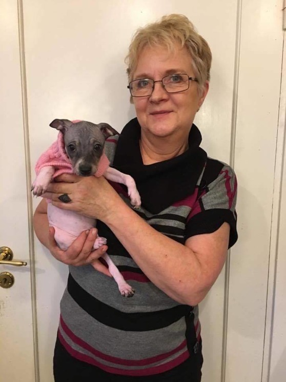 Pia med lilla Flinga som blir det senaste tillskottet till hennes hundflock och kennel Bonpís. Pia med lilla Flinga som blir det senaste tillskottet till hennes hundflock och kennel Bonpís.