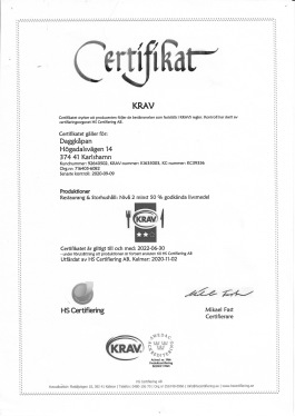 Varje KRAV-certifierad verksamhet måste ha en dokumenterad miljöpolicy. Dokumentet finns att titta på i vårt kök.