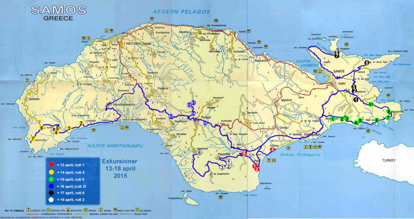 Map of Samos showing the six exkursions routes