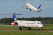 A McDonnell Douglas MD80 taxiing for departure just as a Boeing 737-800 getting airborne at Malmö/Sturup.