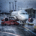 An Airbus A320 standing in the rain at Copenhagen/Kastrup waiting for departure