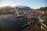 The V&A Waterfront and Table Mountain with table clothing at sunrise, Cape Town