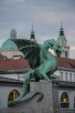 The Dragon Bridge and the cathedral (Church of St. Nicholas) in background, Ljubljana
