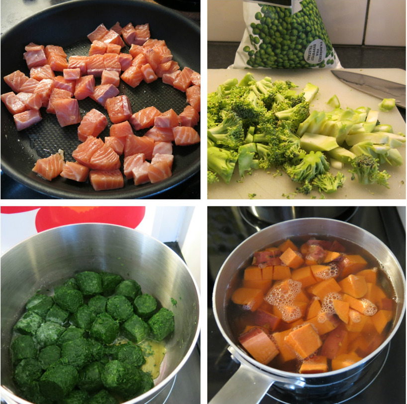 Stekt lax, broccoli och ärtor, kokt spenat och kokta sötpoatisbitar. Grönsaksblandningen kördes med stavmixer ihop med den färska persiljan och lite salt och peppar. Stekt lax, broccoli och ärtor, kokt spenat och kokta sötpoatisbitar. Grönsaksblandningen kördes med stavmixer ihop med den färska persiljan och lite salt och peppar.