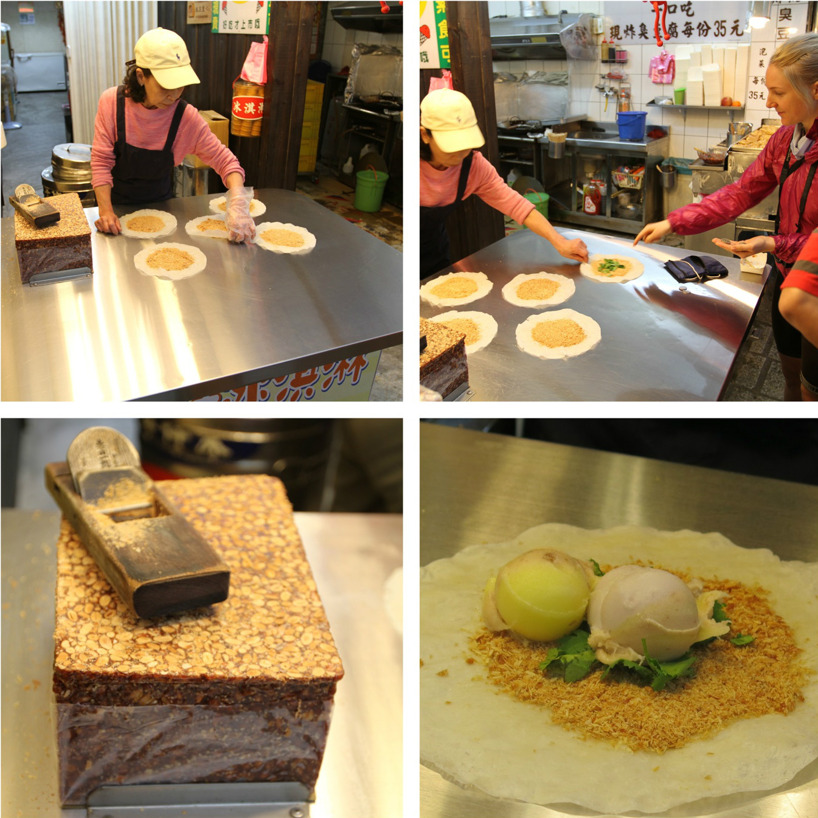 En slags tortilla med sötad rivna jordnötter med koriander och glass - konstig men god kombo! En slags tortilla med sötad rivna jordnötter med koriander och glass - konstig men god kombo!