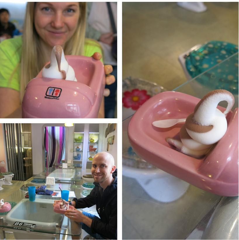 Till dessert blev vi givetvis serverade en bajskorv av vanilj och chokladglass :) Modern Toilet- knasigt men kul! Till dessert blev vi givetvis serverade en bajskorv av vanilj och chokladglass :) Modern Toilet- knasigt men kul!