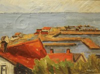 Målning av L. Nykvist 1980, Mölle hamn och inlopp.