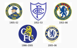 Chelseas olika klubbmärken genom tiderna.