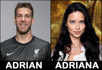 Adrián San Miguel del Castillo, spansk fotbollsmålvakt i Liverpool och Adriana Lima, brasiliansk fotomodell