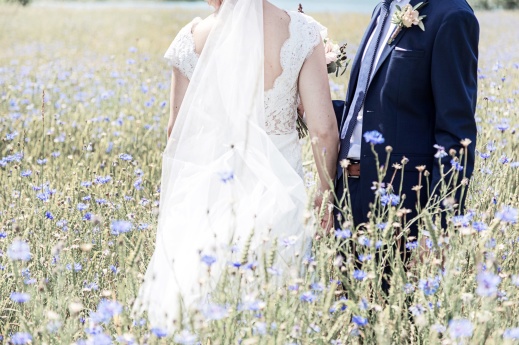 Brudpar ståendes i ett blåklintsfält. Bröllopsfotograf Åsa Lännerström Brudpar ståendes i ett blåklintsfält. Bröllopsfotograf Åsa Lännerström