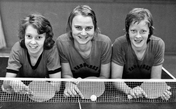 Varbergs Bordtennisklubbs eminenta lag som tog sju raka svenska mästerskap, från vänster Birgitta Olsson, Ann-Christin Hellman och Eva Strömvall 