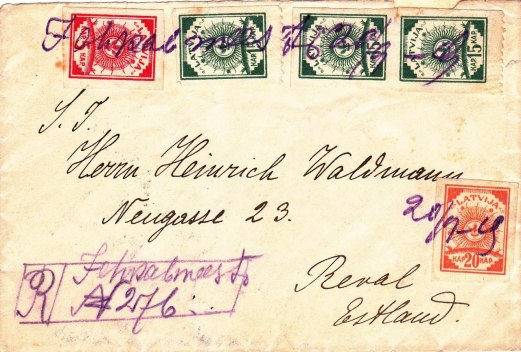 Registered letter from Jekabpils (Jekabmiests) to Estonia, franked with the 5, 15 and 20 kopek stamps of the 4th sun design issue as correct franking for a foreign registered letter up to 20 g. Manuscript marking Jehkabmeests 20/9 19 as provisional cancellation Registered letter from Jekabpils (Jekabmiests) to Estonia, franked with the 5, 15 and 20 kopek stamps of the 4th sun design issue as correct franking for a foreign registered letter up to 20 g. Manuscript marking Jehkabmeests 20/9 19 as provisional cancellation