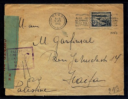 Censored letter to Haifa cancelled with the machine cancellation to the Olympics with index "B", M-36-B, 8-9, 5 JAN, 1940 (ex. Y. Eliashiv) Censored letter to Haifa cancelled with the machine cancellation to the Olympics with index "B", M-36-B, 8-9, 5 JAN, 1940 (ex. Y. Eliashiv)