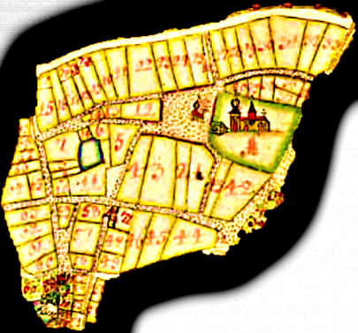 Geometrisk avmätning 1687; "Skiöfde Stads Grundritningh samt Geometrich: Delineation på dess tillhörigheter.”  Utvald del av större karta innanför stadens staket. (Lantmäteriets karta)