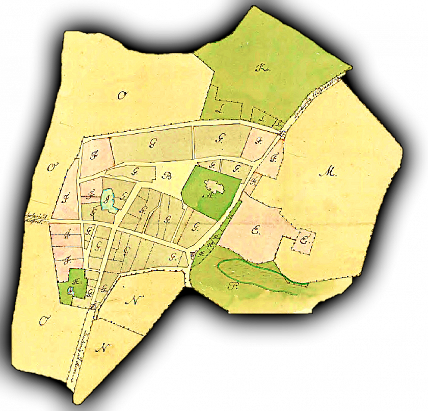 Karta 1760 - året efter branden i november 1759 visar den förödelse branden förde med sig. Kålgårdar (H) var viktiga på 1600 och 1700-talet förstår man av kartorna. (Lantmäteriet Historiska kartor)