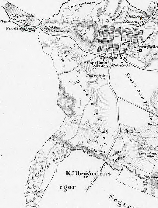 Karta från 1856. Från Skyttesledet i norr till Källegårdens marker i söder. Harkesgärdets utbredning just där SAJ kom att byggas.. (Lantmäteriet Historiska Kartor)