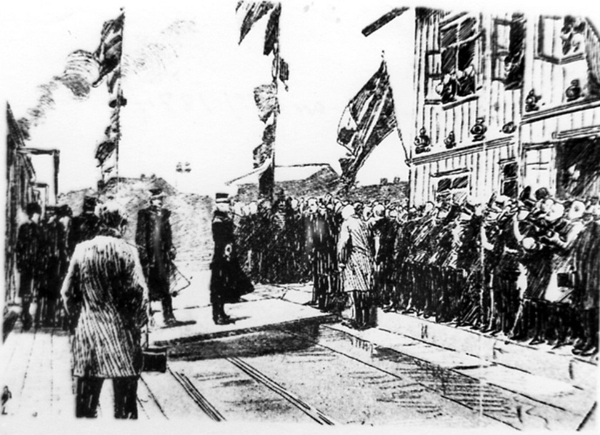 Invigning Lidköping-Skara-Stenstorps Järnväg (LSSJ) 19 november 1874 med Oscar II. Reprofotografi av teckning eller etsning. (Bild från Västergötlands Museum)