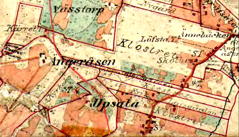 1877 års häradsekonomiska karta med SAJ svagt markerat förbi gårdarna Upsala och Ängeråsen, Ljungstorp. Den röda linjefärgen har förbättrats digitalt. Sträckningen är exakt som senare tids lagda spår. 1877 års häradsekonomiska karta med SAJ svagt markerat förbi gårdarna Upsala och Ängeråsen, Ljungstorp. Den röda linjefärgen har förbättrats digitalt. Sträckningen är exakt som senare tids lagda spår.