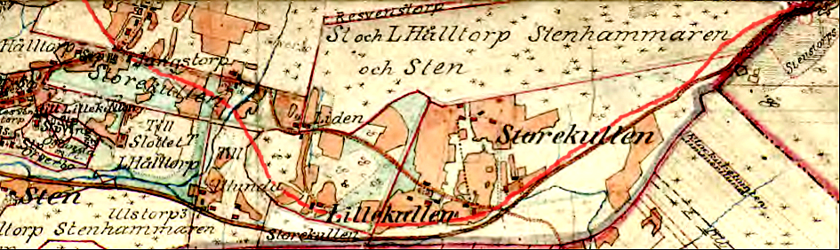 1877 års häradsekonomiska karta från Stenberget förbi det som blev Ljungstorps anhalt - här "Jongstorp". Linjefärgen har förbättrats digitalt. Sträckningen är ungefär som senare tids lagda spår.  1877 års häradsekonomiska karta från Stenberget förbi det som blev Ljungstorps anhalt - här "Jongstorp". Linjefärgen har förbättrats digitalt. Sträckningen är ungefär som senare tids lagda spår.