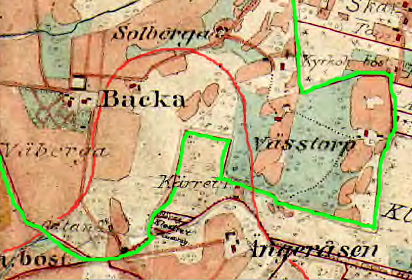 1877 års häradsekonomiska karta från Stenberget förbi Backa gård och det som blev Backa anhalt mitt för mangårdsbyggnaden och gårdsplanen 25 år senare. Den röda linjefärgen har förbättrats digitalt. 1877 års häradsekonomiska karta från Stenberget förbi Backa gård och det som blev Backa anhalt mitt för mangårdsbyggnaden och gårdsplanen 25 år senare. Den röda linjefärgen har förbättrats digitalt.