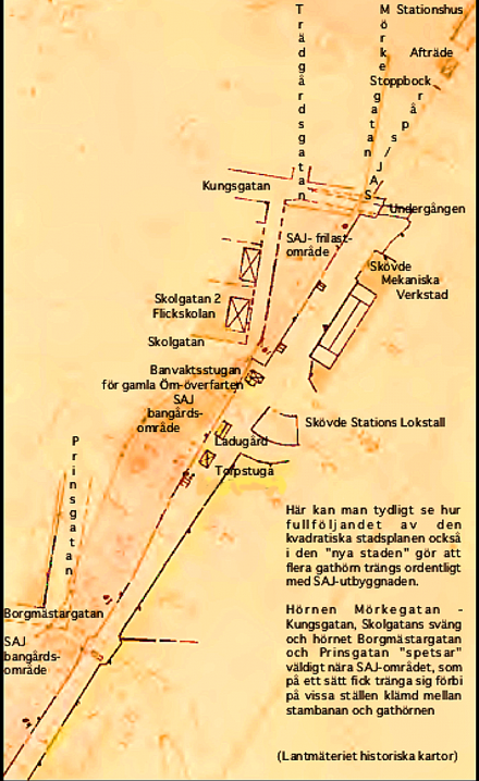 Delförstoring av exproprieringskartan från Stationen till SAJ's södra bangårdsområde, söder om Borgmästaregatan/Prinsgatan. (Lantmäteriets Historiska kartor) Delförstoring av exproprieringskartan från Stationen till SAJ's södra bangårdsområde, söder om Borgmästaregatan/Prinsgatan. (Lantmäteriets Historiska kartor)