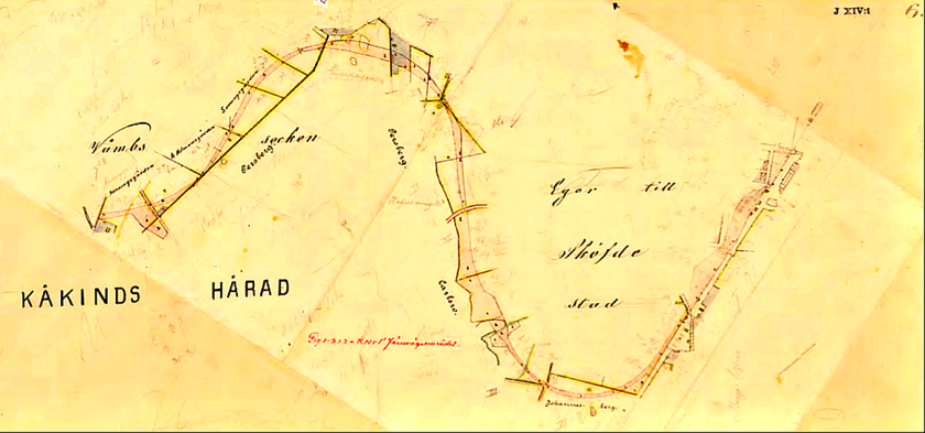 S-svängen ut ur Skövde. Förbi Johannesberg, Carlsro och Persbergs ägor - runt Sköfde stads Egor - blivande Vasastaden. (Lantmäteriets Historiska kartor) S-svängen ut ur Skövde. Förbi Johannesberg, Carlsro och Persbergs ägor - runt Sköfde stads Egor - blivande Vasastaden. (Lantmäteriets Historiska kartor)