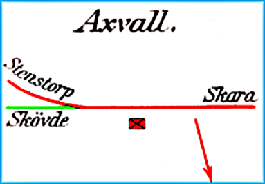 Bild ursprungligen från Carl Olofsson, Sveriges Järnvägar, 1921 och bearbetad av Rolf Sten www.historiskt.nu. SAJ's anslutning i Axvall öster om stationshuset.