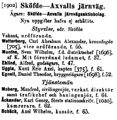 Ordförande hade varit Axel von Matern ända sedan den konstituerande styrelsen 1899-06-29 och som sådan undertecknade han dokumentet ovan t v i maj 1902. Ur statlig redovisning 1903.