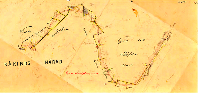 S-svängen ut ur Skövde. Förbi Johannesberg, Carlsro och Persbergs ägor - runt Sköfde stads Egor - blivande Vasastaden. (Lantmäteriets Historiska kartor)