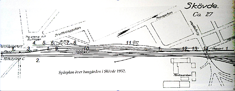 Spårplan 1952 visar hur SAJ's spårplan såg ut 1904 (ingen förändring). Det enda som skiljer är dubbelspår på Västra stambanan och växlarna däremellan.